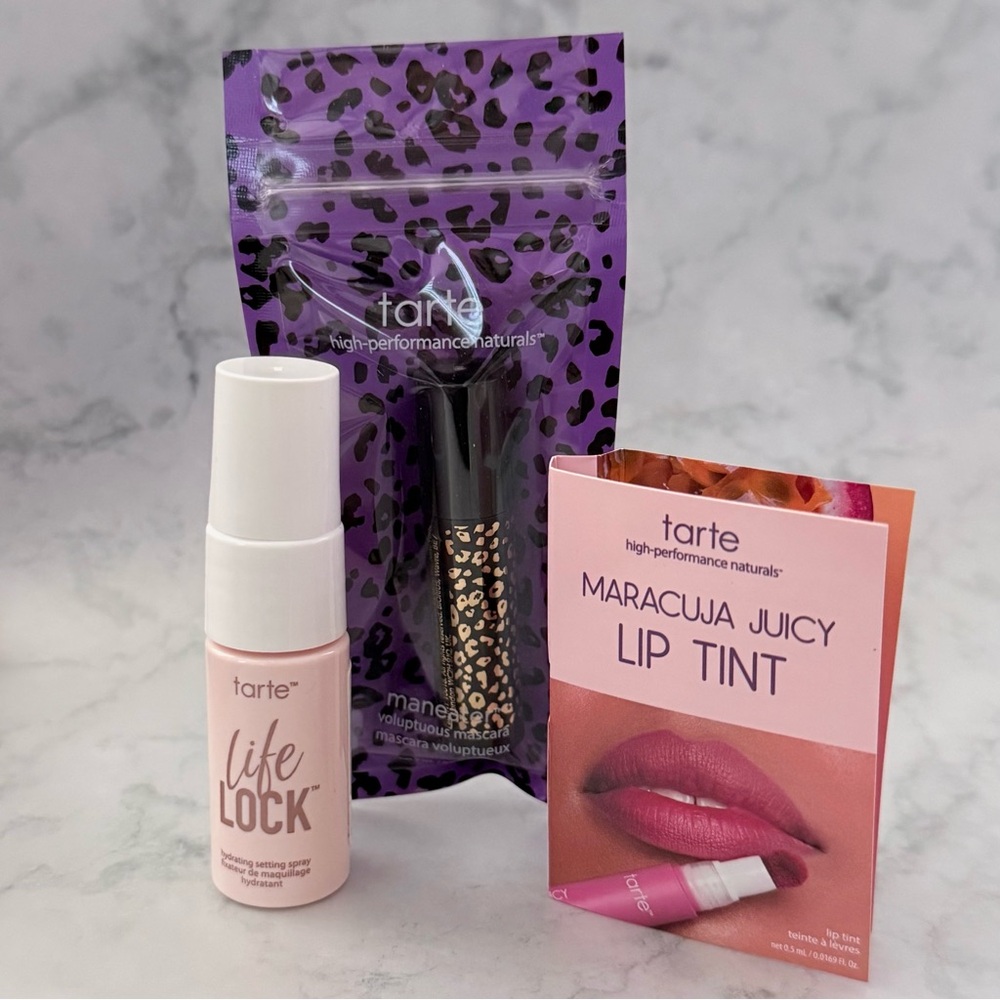 Tarte Maneater mascara, Maracuja Juicy Lip Tint & Life Lock spray